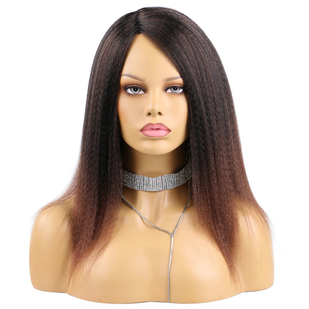 Wholesale 14 Inch Yaki Straight Afro Light Brown Lace Hair Wig Glueless Synthetic Middle Part Women  Machine-Made Long Wigs