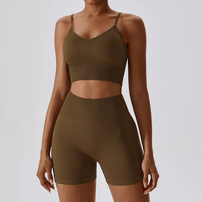 Joyyoung ODM/OEM New Sexy Training Apparel Seamless Ribbed High ed Bra Scrunch Shorts Yoga Sets Fitness Sports Clothing