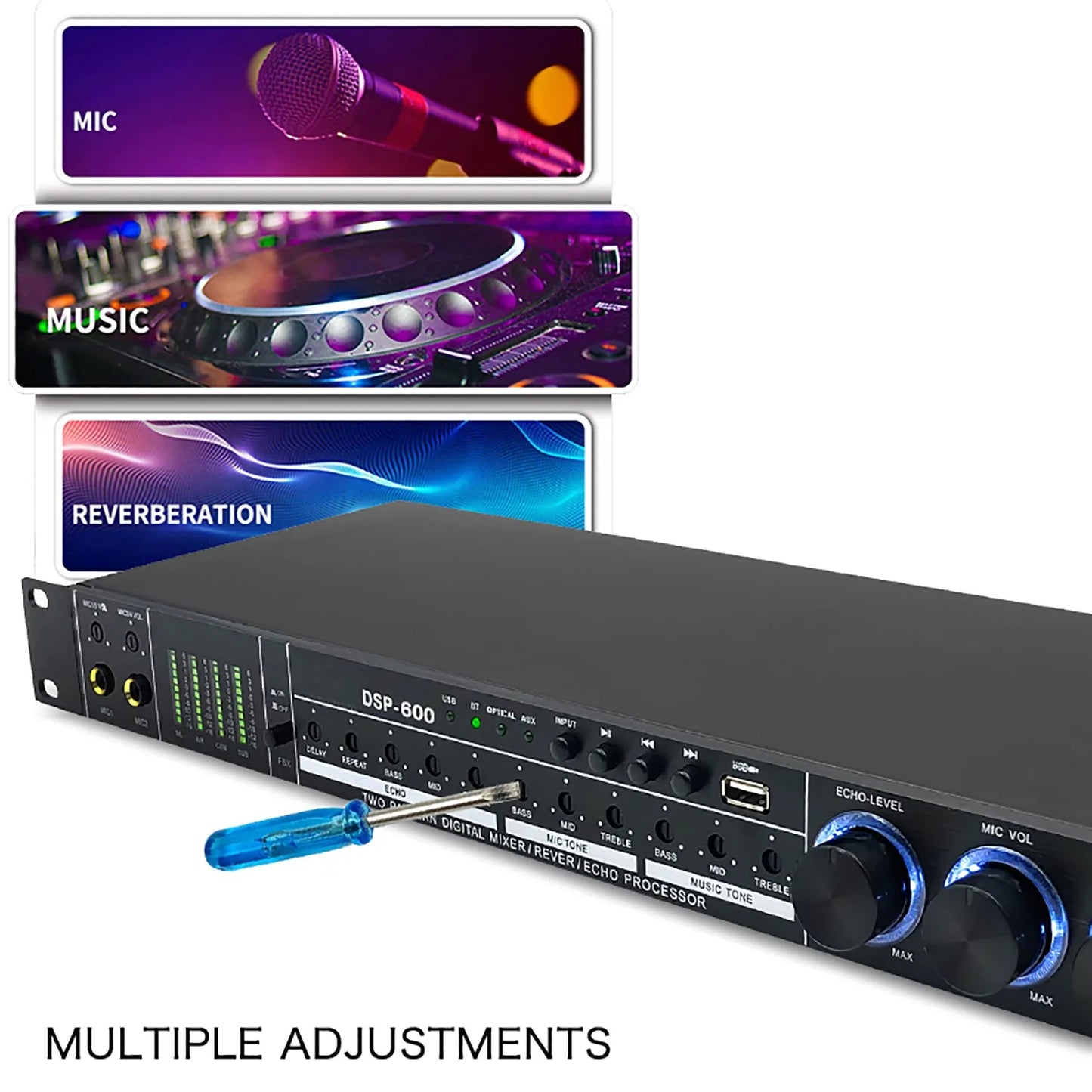 Professionelles DSP-600 Audio-Soundgerät mit Anti-Pfeifgeräusch-Hallfunktion, USB- und Bluetooth-Frontend sowie digitalen Hall-Effekten – Verkaufsschlager