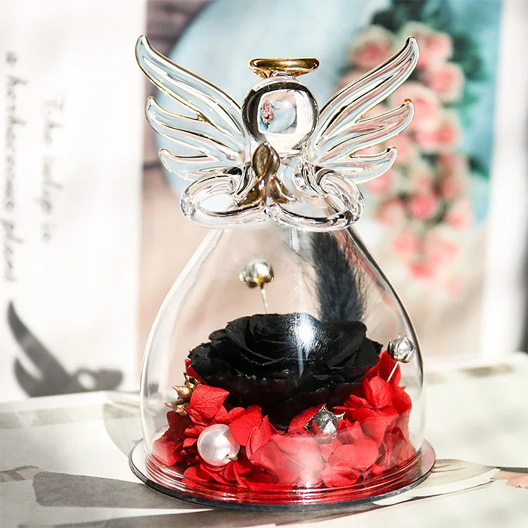 Wholesale Customized Angel Figurines Glass Dome Real Preserved Rose Flower for Valentine's Day Eternal Forever Roses Flowers