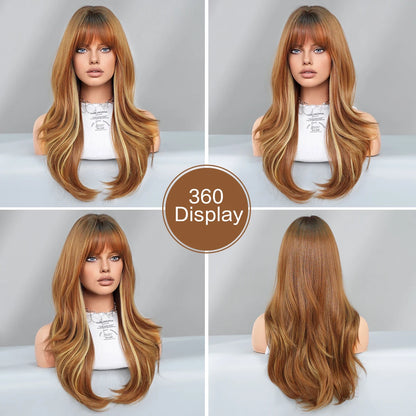 Long Curly Synthetic Wig with Bangs Highlights Honey Brown Hair Wig for Women Natural Matte Heat-resistant Fiber Hair