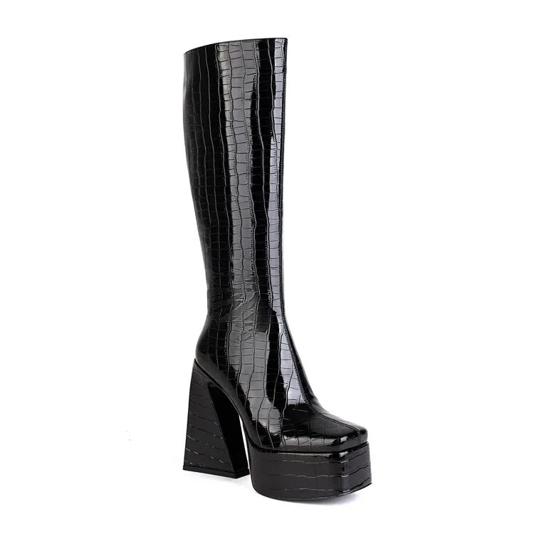 Stone Prints Women Platform Knee High Boots Mirror Patent Square Toe Long Booties Thick Block Heel Shoes Ladies Size 43