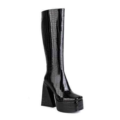 Stone Prints Women Platform Knee High Boots Mirror Patent Square Toe Long Booties Thick Block Heel Shoes Ladies Size 43