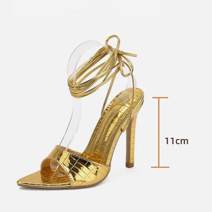 Hot Sale New Women's Shoes 2024 Sexy High-heeled Shoes Thin Heel Gold, Silver crocodile Pattern Sandals
