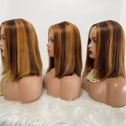 Christmas Piano Color Straight Short Bob Wig Raw Brazilian Virgin Human Hair Wig 4x4 HD Lace Front Wig for Black Women