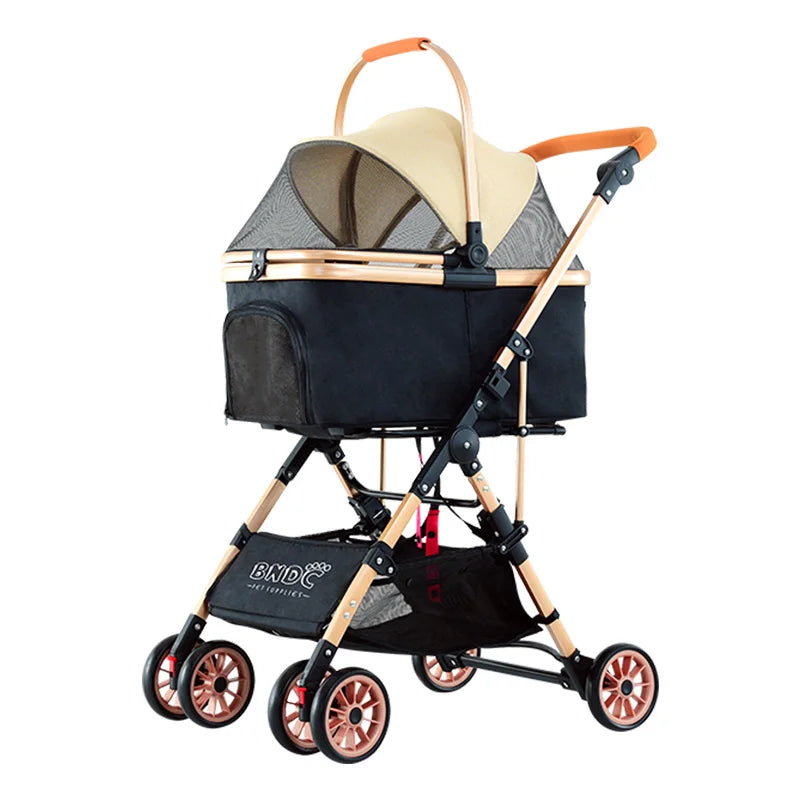 Luxury Easy Fold Removable Liner Waterproof Adjustable Storage Basket Pet Stroller 4 Wheel 15kg Capacity for Dogs/Cats Aluminum