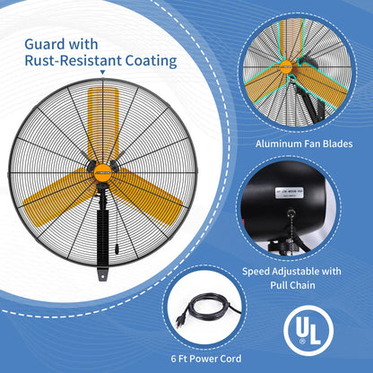 24 Inch Oscillating Wall Mounted Fan High Velocity 7600 CFM Industrial Heavy Duty Metal Wall Fan for Garage Shop