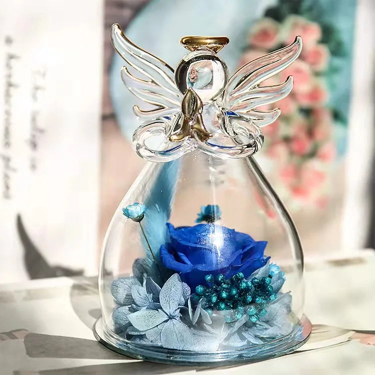 Wholesale Customized Angel Figurines Glass Dome Real Preserved Rose Flower for Valentine's Day Eternal Forever Roses Flowers