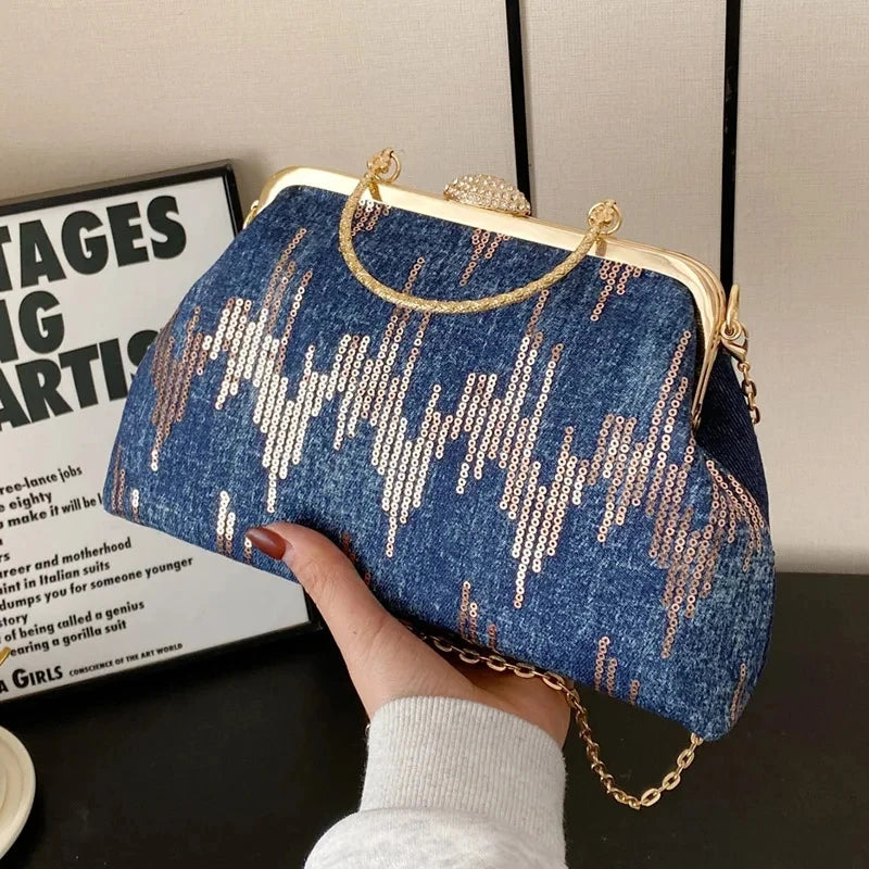 Women Denim Sequin Metal Handbags and Purse Crystal Chain Shoulder Bags Lady Party Clip Shell Designer Luxury Evening Clutch