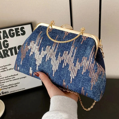 Women Denim Sequin Metal Handbags and Purse Crystal Chain Shoulder Bags Lady Party Clip Shell Designer Luxury Evening Clutch