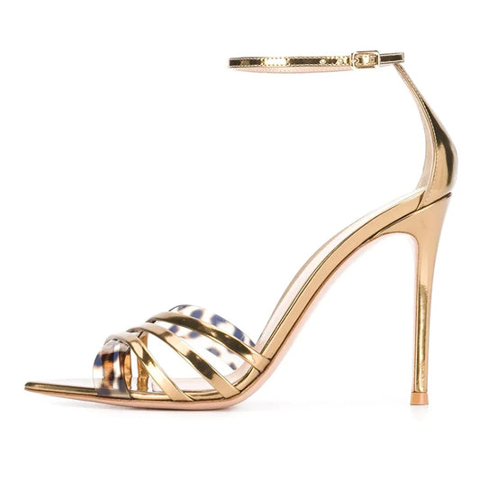 Fashion Elegant Stiletto Ankle Strap Pointed Toe Crisscross Party Gold High Heels PVC Sandals for Women