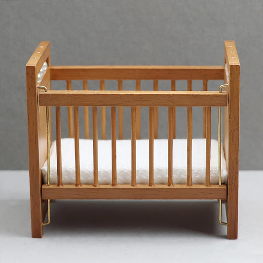 1:12 Doll House Dollhouse Mini Furniture Children's Room Pure Chestnut Crib White Mattress Small Bed