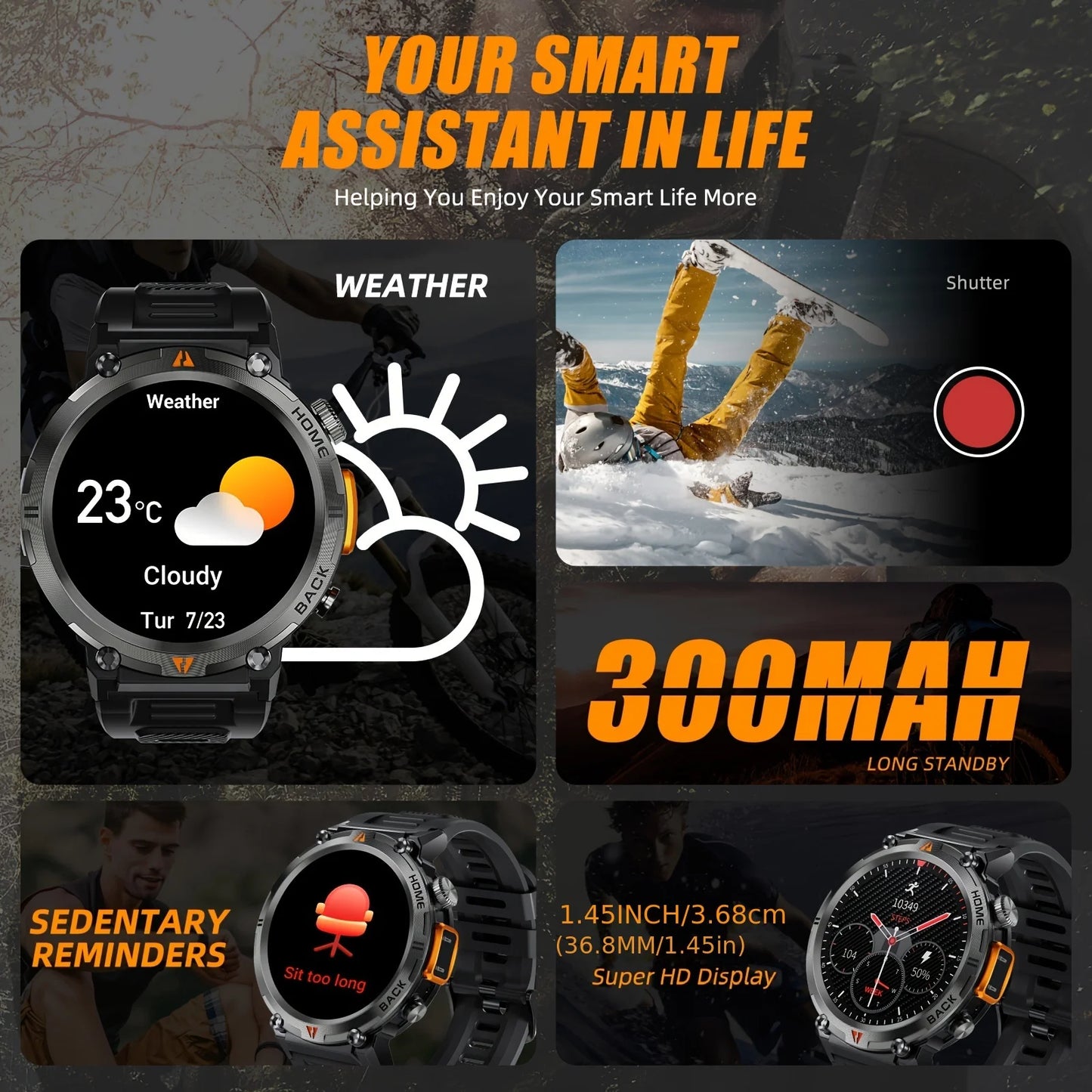 Wireless Calling EIGIIS Smart Watch for Men - LED Lighting Outdoor Sports Watch - Weather Remote Photo Music Control Smartwatch