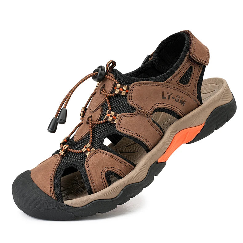 OEM Service Factory Supply Hand Made Anti Slip Comfortable Large Size Close Toe Summer Cow Genuine Leather Sandals for Men