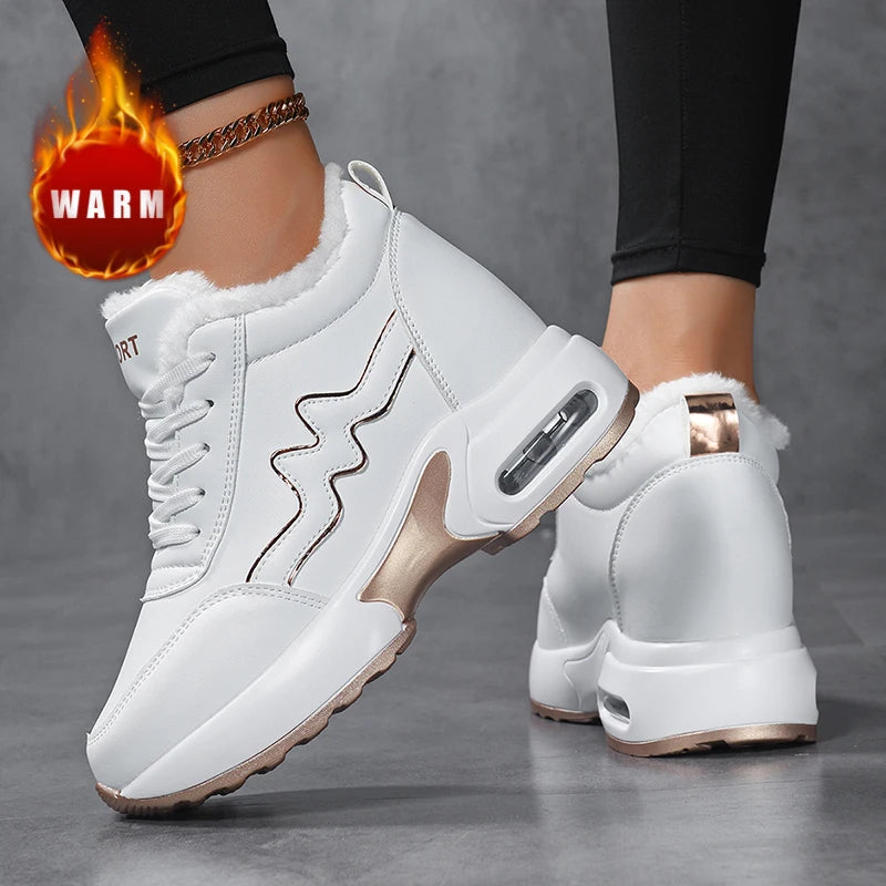 Women's Korean Style Winter Short Plush Casual Sneakers Outdoor Sports Tennis & Running Shoes with Artificial Leather Platform