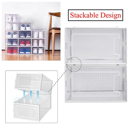 Pack of 8 Transparent and White Shoe Storage Organizers Stackable Plastic Boxes for Closet Sneakers