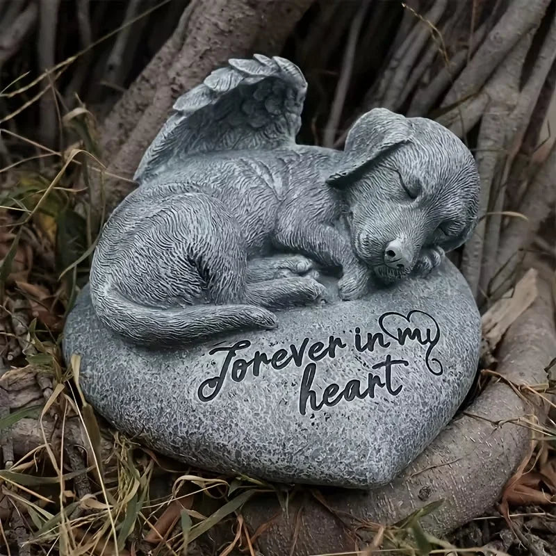 Puppy on Heart Resin Sculpture, Gray Sleeping Dog with Angel Wings Decor on Engraved Base, Pet Loss Sympathy Gift for Garden