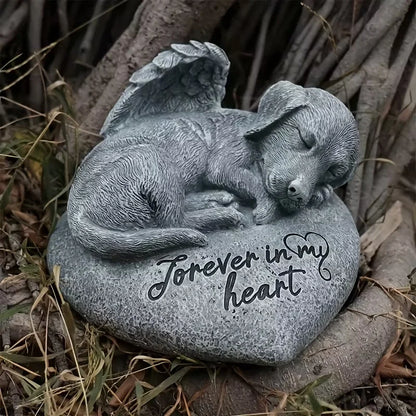 Puppy on Heart Resin Sculpture, Gray Sleeping Dog with Angel Wings Decor on Engraved Base, Pet Loss Sympathy Gift for Garden