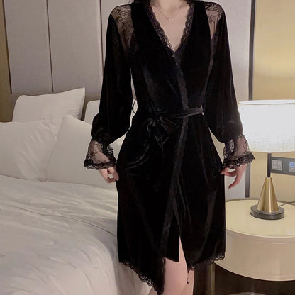 Velour Fold Slit Add Bra Pad Deep V Temptation Lace Splice Slip Nightdress Robe Set Sexy Underwear