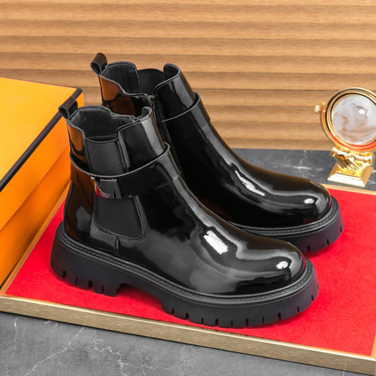 New Patent Leather Platform Men's Ankle Boots Plus Size Round Toe Men chelsea Boots Leather Boots Men