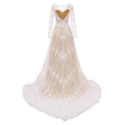 1301#  REAL PHOTO Scoop Neck Backless Beach Lace Sweep Train Boho Full Sleeve Bride Gown Wedding Dress Bridal Gown