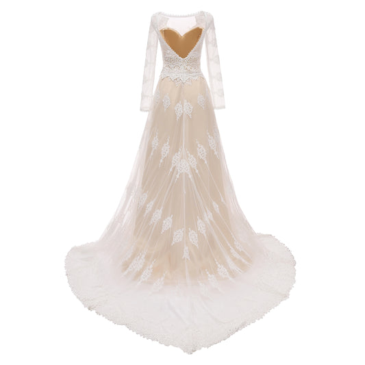 1301#  REAL PHOTO Scoop Neck Backless Beach Lace Sweep Train Boho Full Sleeve Bride Gown Wedding Dress Bridal Gown