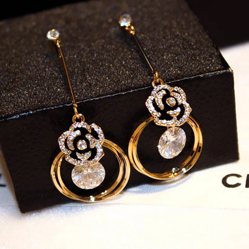Korea Fashion Black Enamel Camellia Earrings Women Luxury brand Long Big Cubic Zirconia Drop Earrings Wedding Jewelry Z277