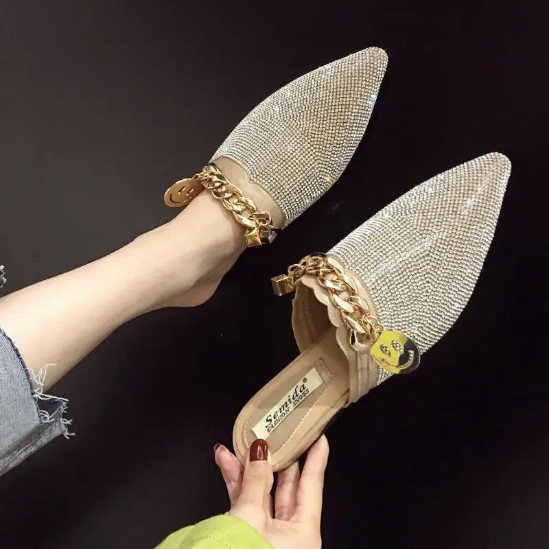 Full Rhinestone Scarpe Mule Outdoor Slippers Closed Toe Female Women Loafer Spring  Flat Shoes with Diamonds