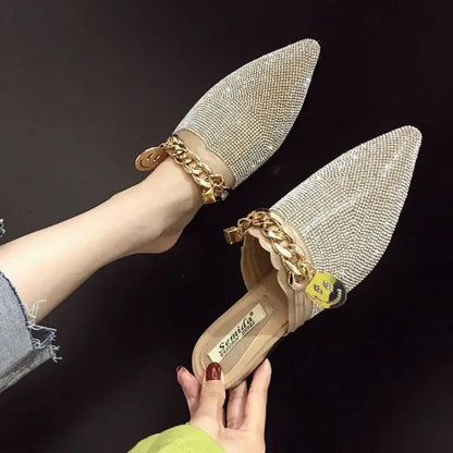 Full Rhinestone Scarpe Mule Outdoor Slippers Closed Toe Female Women Loafer Spring  Flat Shoes with Diamonds