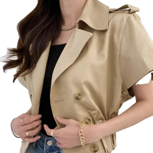 High Quality Patchwork Double Breasted Gathered Waist Short Jackets for Women 2023