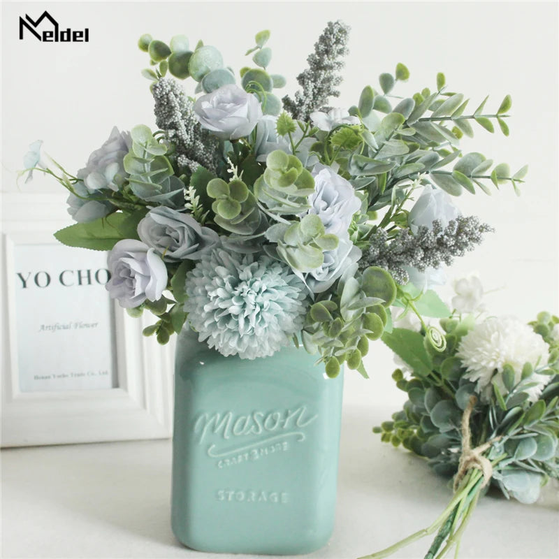 Meldel Wedding Flower Bouquet Artificial Silk Rose Lucky Ball Flower Home Wedding Decor Bride Bouquet Forest Style Eucalyptus