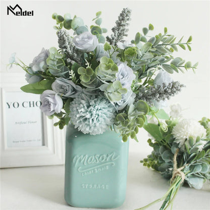 Meldel Wedding Flower Bouquet Artificial Silk Rose Lucky Ball Flower Home Wedding Decor Bride Bouquet Forest Style Eucalyptus