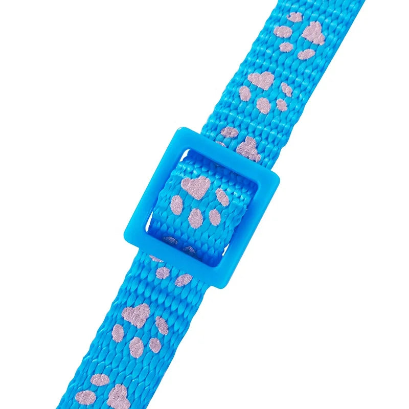 Cute 1.0cm Reflective Stripe Cat Collar with Breakaway Head Plastic Buckle Polyester Small Colored Bell Printed Pet Paws Design