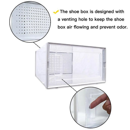 Pack of 8 Transparent and White Shoe Storage Organizers Stackable Plastic Boxes for Closet Sneakers