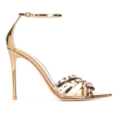 Fashion Elegant Stiletto Ankle Strap Pointed Toe Crisscross Party Gold High Heels PVC Sandals for Women