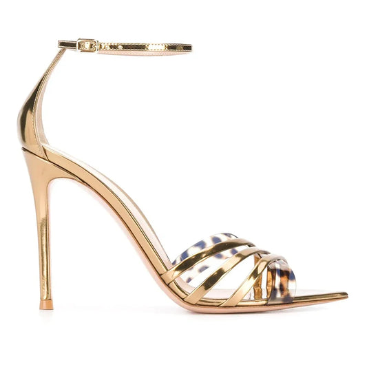 Fashion Elegant Stiletto Ankle Strap Pointed Toe Crisscross Party Gold High Heels PVC Sandals for Women