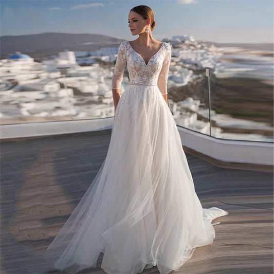 13440# Backless V Neck Half Sleeves Vestido De Novia Bohemian Lace Applique Outdoor Sweep Train Wedding Dress Bride Gown