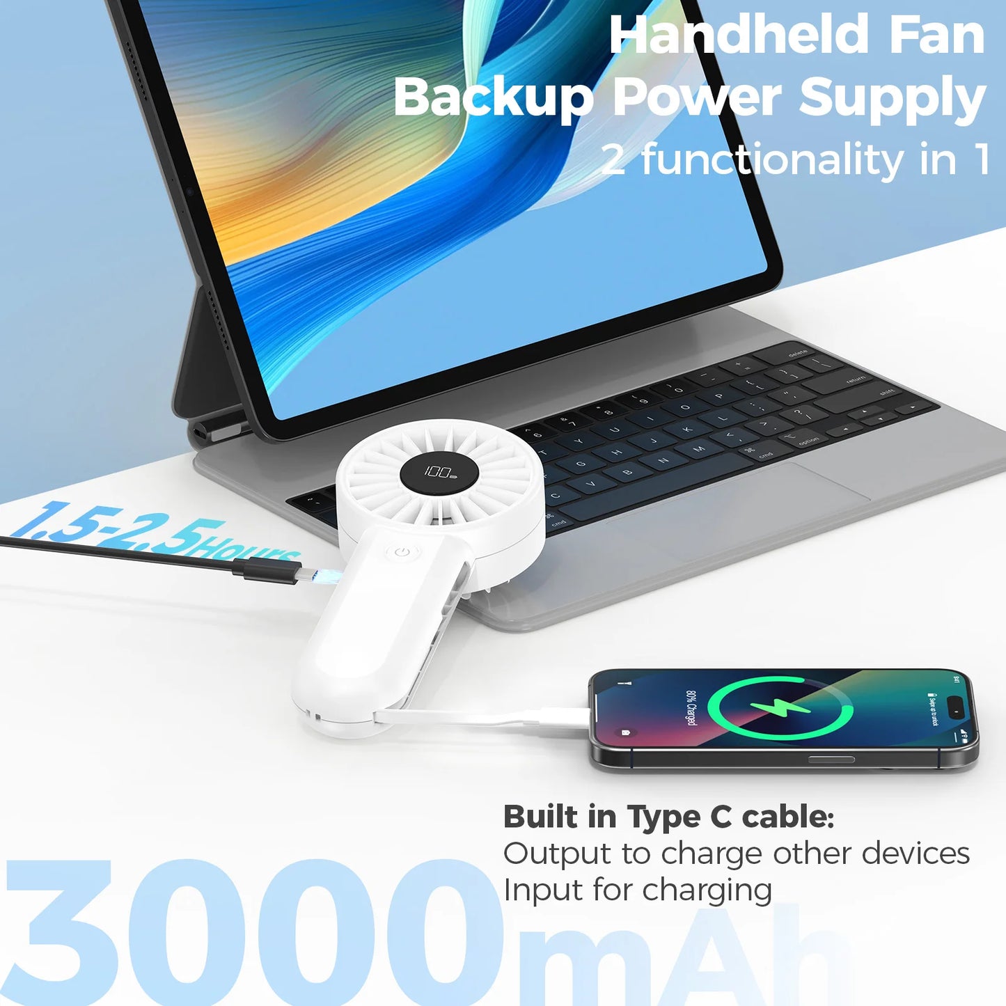 2 in 1 Rechargeable Handheld Fan and 3000mAh Power Bank, 5 Speed Strong Airflow for Outdoor Use