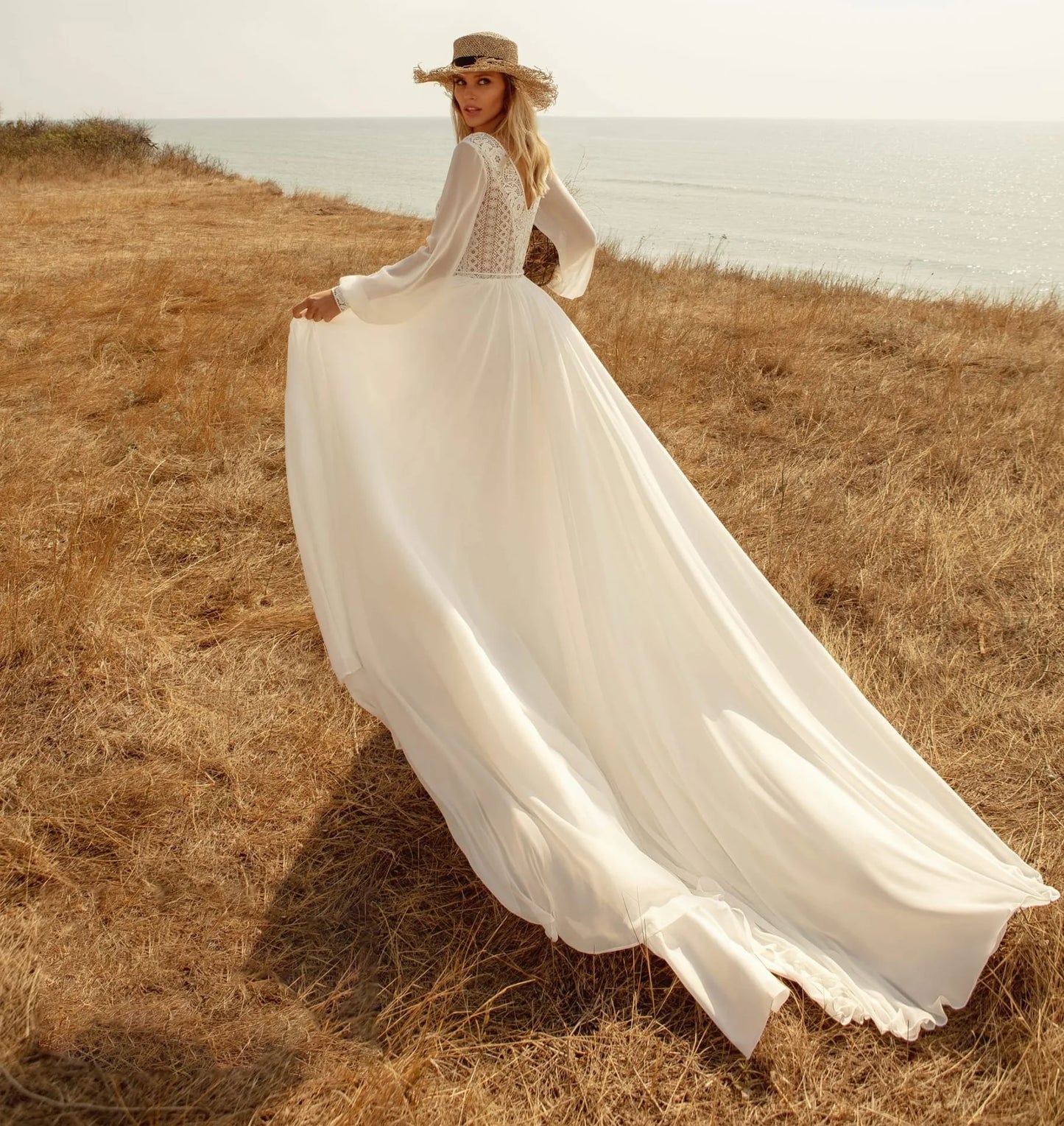 11778# Bohemian Open Back Sweep Train Long Sleeve Boho Beach Lace V  Neck Sexy Chiffon Wedding Dress Wedding Bridal Gown