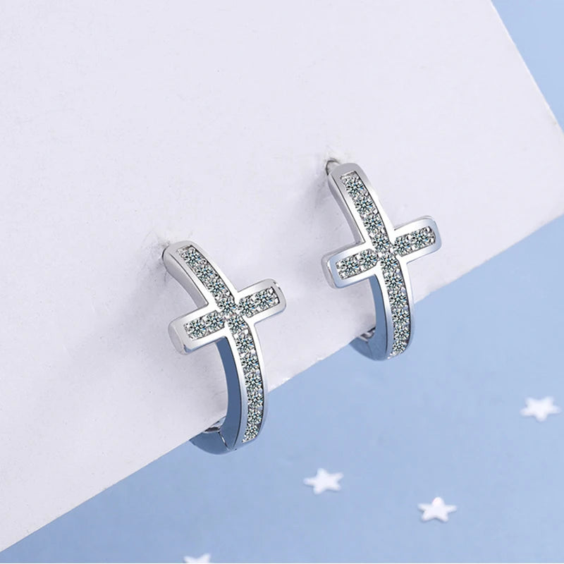 Fanqieliu Stamp 925 Silver Needle CZ Zircon Cross Hoop Earrings For Woman New Jewelry Girl Gift Trendy FQL21473