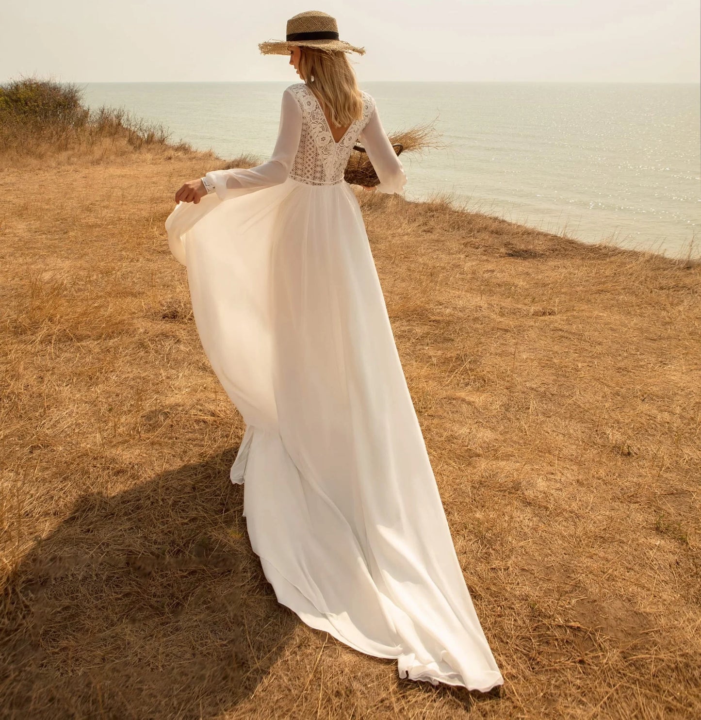 11778# Bohemian Open Back Sweep Train Long Sleeve Boho Beach Lace V  Neck Sexy Chiffon Wedding Dress Wedding Bridal Gown