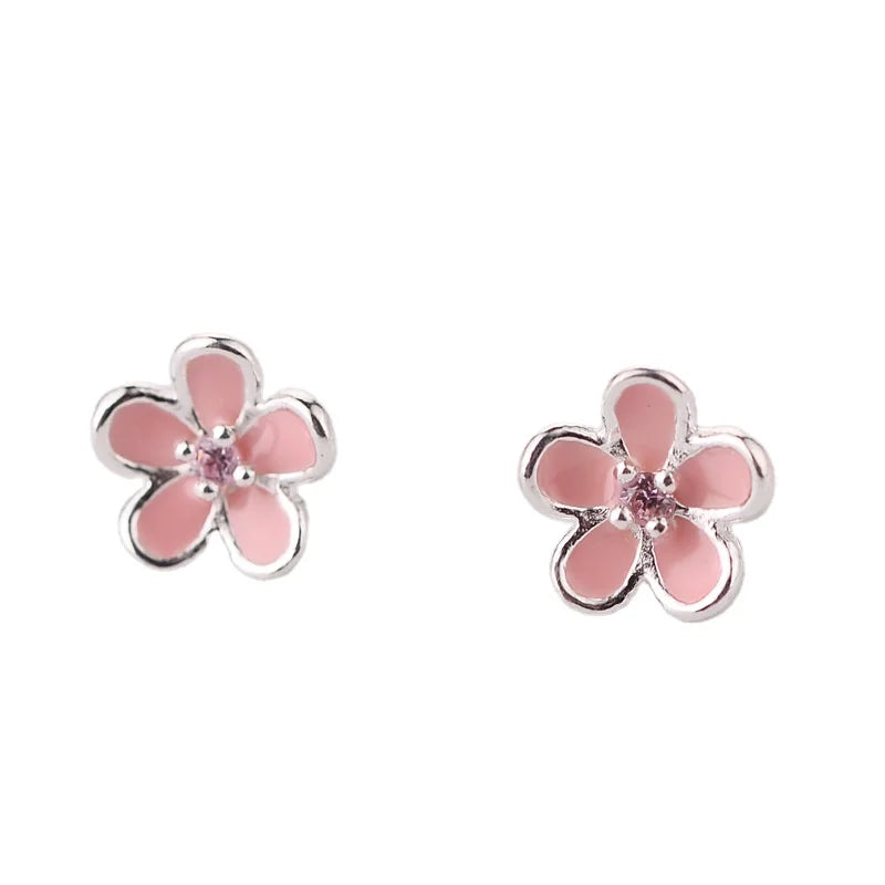 925 Sterling Silver Pink Flower Stud Earrings - Elegant Wedding Jewelry for Women