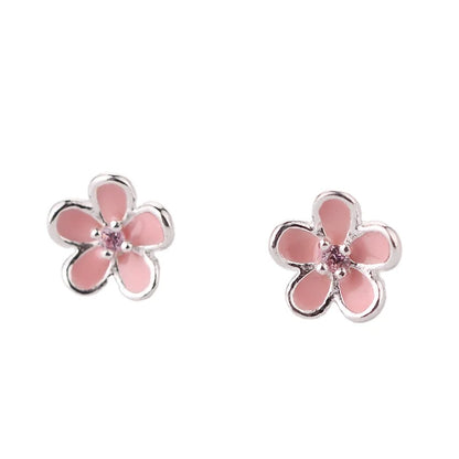 925 Sterling Silver Pink Flower Stud Earrings - Elegant Wedding Jewelry for Women