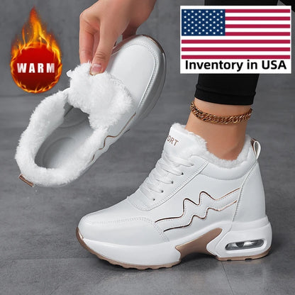 Women's Korean Style Winter Short Plush Casual Sneakers Outdoor Sports Tennis & Running Shoes with Artificial Leather Platform