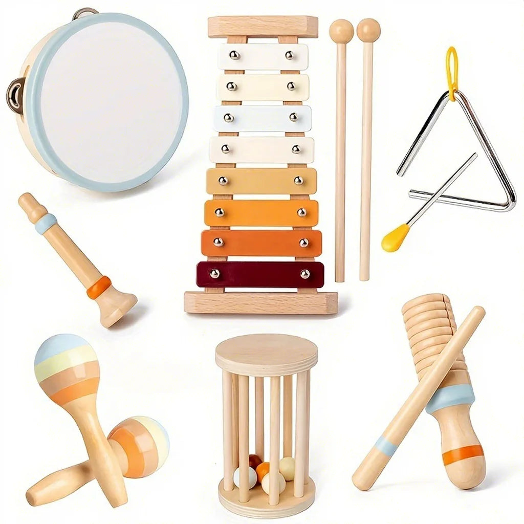 7pcs Wooden Montessori Infant and Toddler Early Education Soothing Bed Bell Toy Baby Hand-held Bell Rattle Instrument Set
