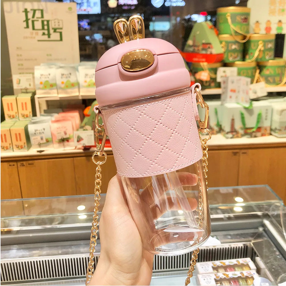 580ml Rabbit Ears Cute Plastic Water Bottle with Straw Pearls Metal Chain Strap Portable Kid Water Bottle