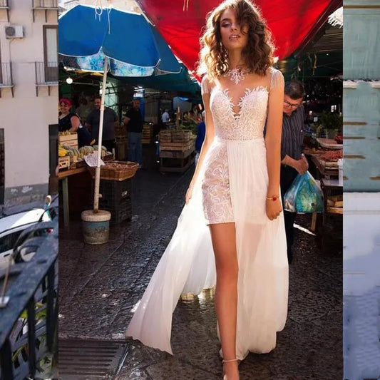 13132#  Boho Wedding Dresses Beach Beading Tassel V-Neck Appliques Lace Long Sleeves Front Split Ivory Wedding Bridal Gown