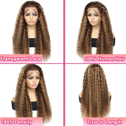 13x6 Highlight Wig Human Hair Deep Wave HD Lace Front Human Hair Wig P4/27 Ombre Brown Blonde Lace Front Wigs for Black Women