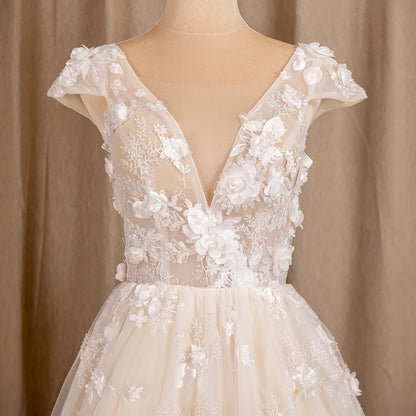 9261# Illusion Sheer Neck A-Line Wedding Dresses for Women Fashion 3D Lace Appliques Sleeveless Bridal Gowns