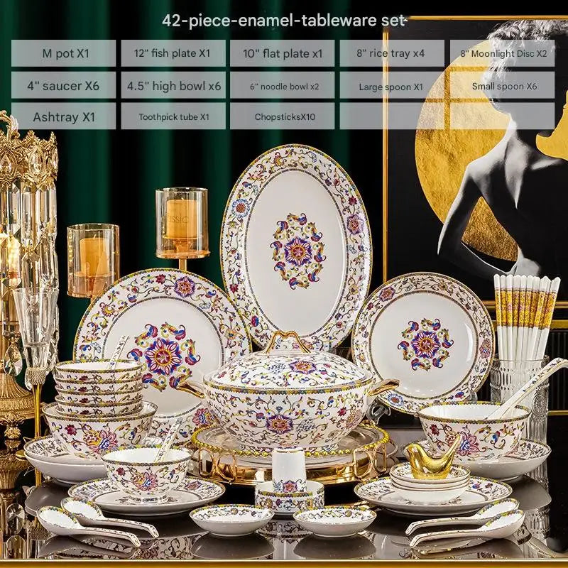 Luxury Enamel Flower Dinnerware Set Golden Rim White Porcelain Dinner Plates Soup Bowls Set Tableware for Wedding Gifts